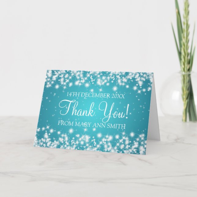 Baby Shower Thank you Winter Sparkle Turquoise Card (Front)