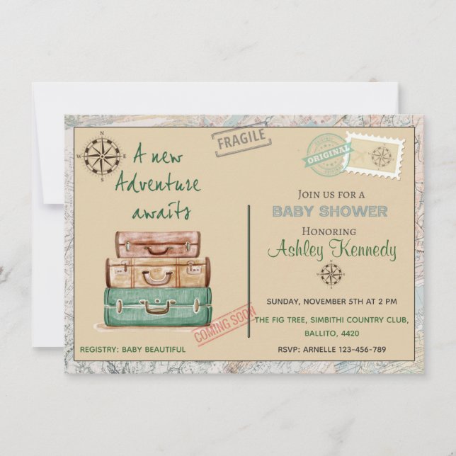 Baby shower travel theme party invitation 4 x 6 (Front)