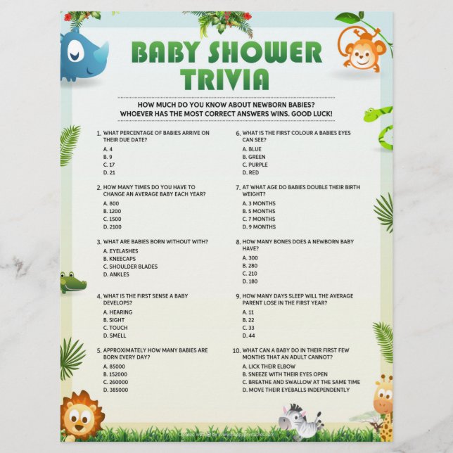 Baby Shower Trivia Baby Shower Game [Animal Theme] Custom Letterhead (Front)