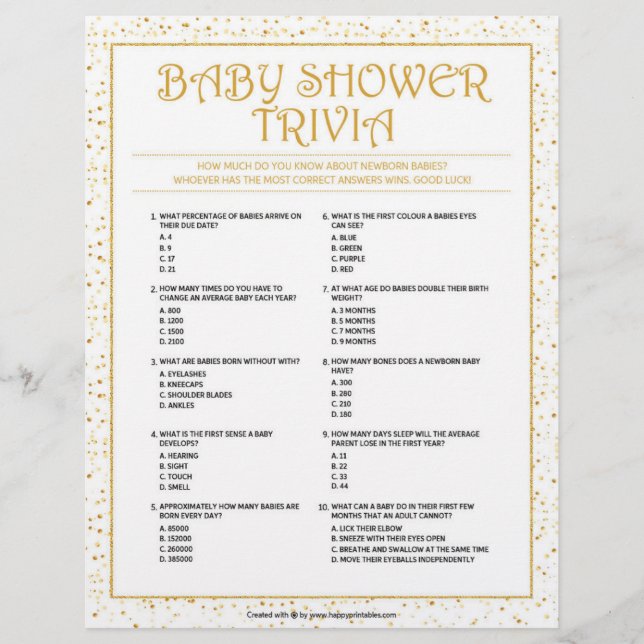 Baby Shower Trivia [Golden Sparkles] Custom Letterhead (Front)