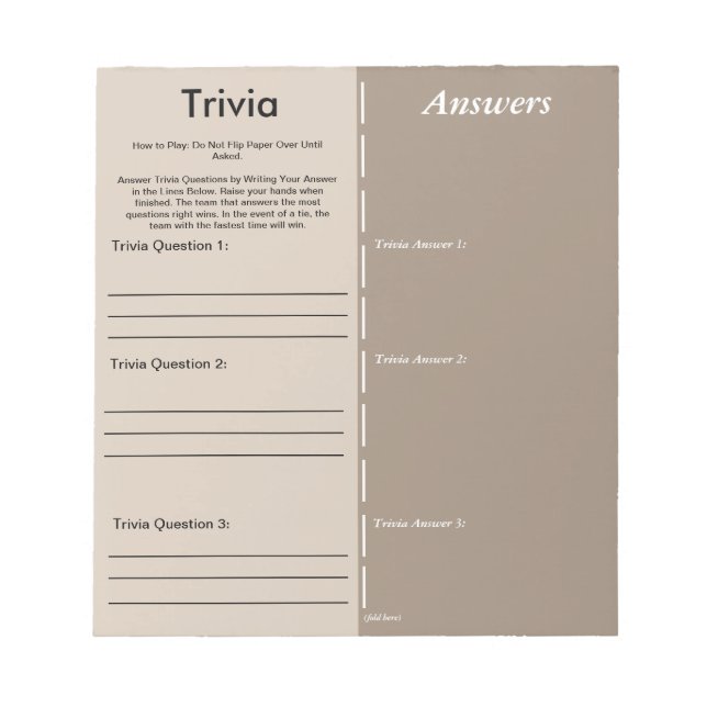 Baby Shower Trivia Party Game - Custom Questions Notepad (Front)