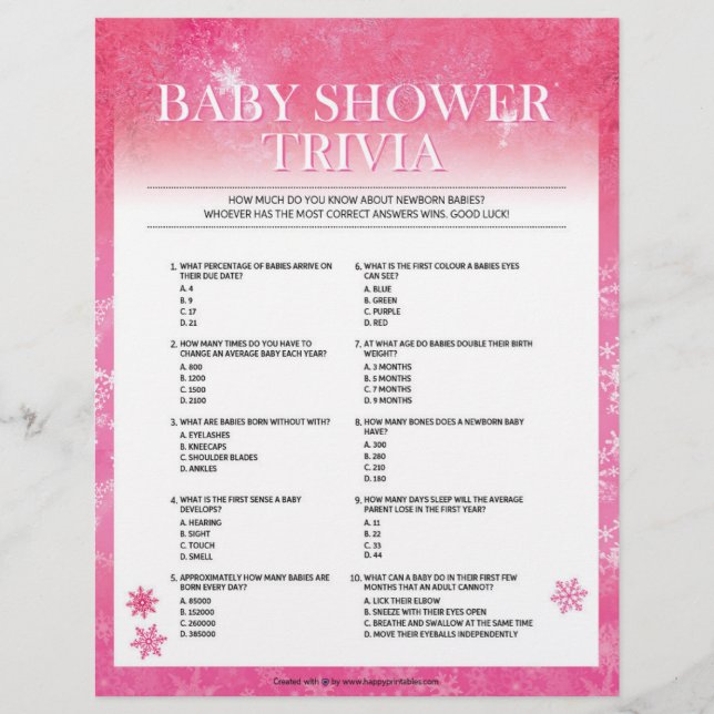 Baby Shower Trivia [Snowy Pink] Custom Letterhead (Front)