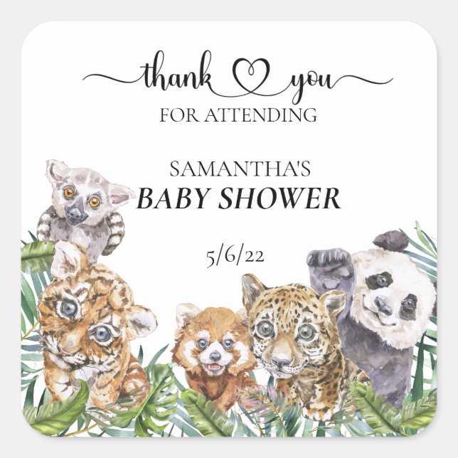  Baby Shower Tropical Jungle Animals  Favour  Square Sticker (Front)
