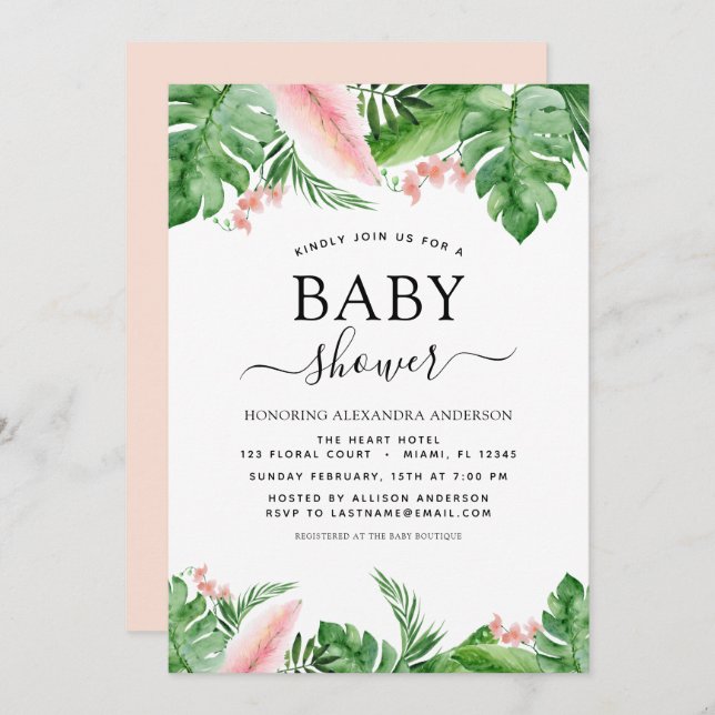 Baby Shower Tropical Palm Floral Watercolor Invitation (Front/Back)