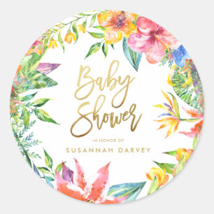 Baby Shower   Tropical Watercolor Calligraphy Gold Classic Round Sticker