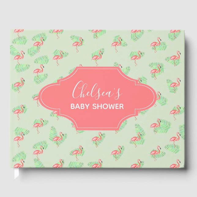 Baby Shower Tropical Watercolor Flamingo Name Guest Book (Front)