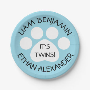 Baby Shower - Twin Boys - Paw Print Theme Paper Plate