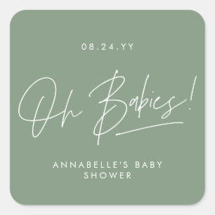 Baby shower twin modern sage green elegant square sticker