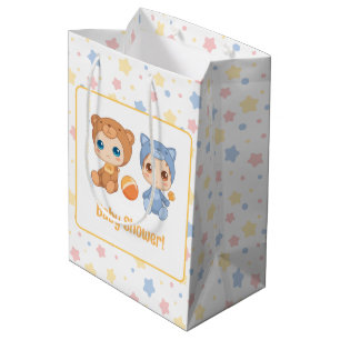 Baby Shower Twins Cat Bear Stars Medium Gift Bag