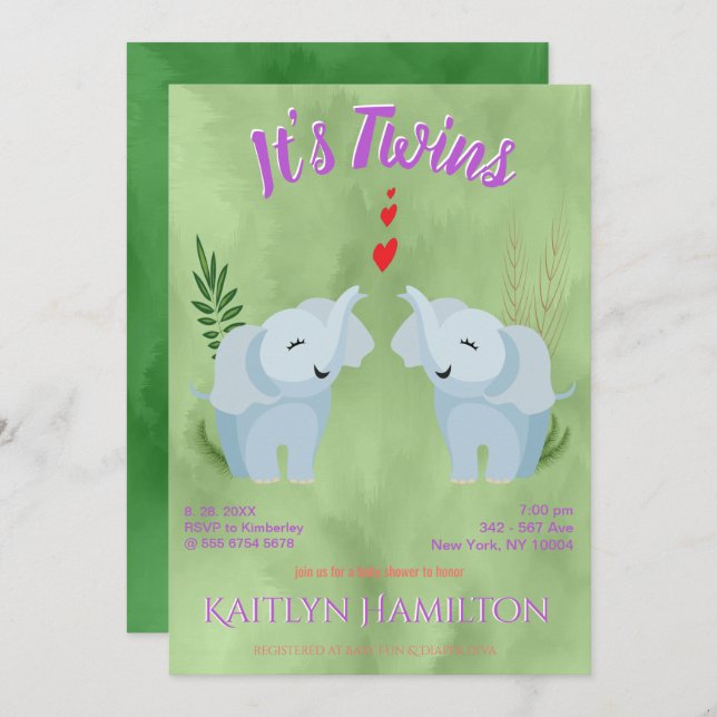 Baby Shower Twins Elephant Invitation (Front/Back)