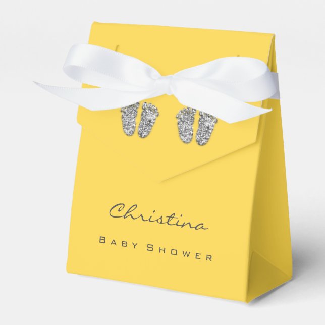 Baby Shower Twins Feet Drips GlitterSilver Yellow Favour Box (Front Side)
