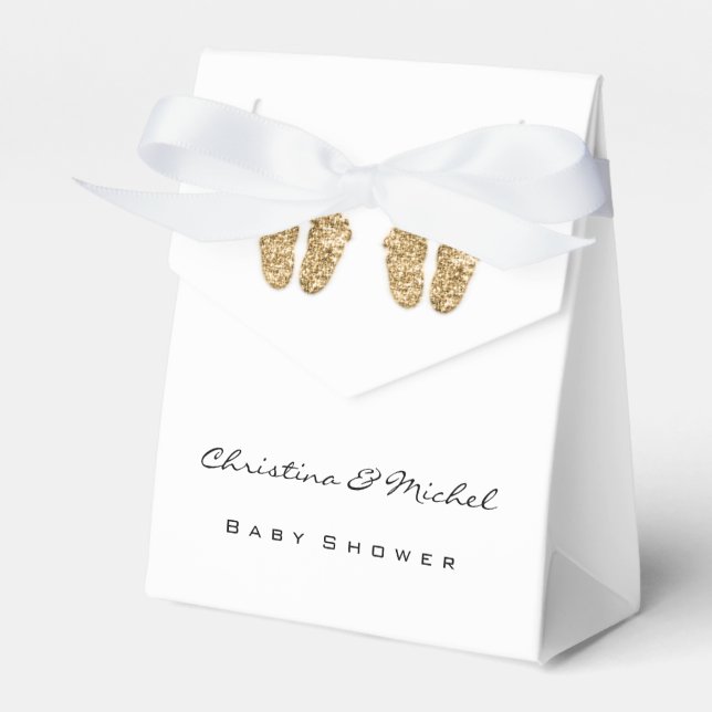 Baby Shower Twins Feet Glitter Gold White Girl Boy Favour Box (Front Side)