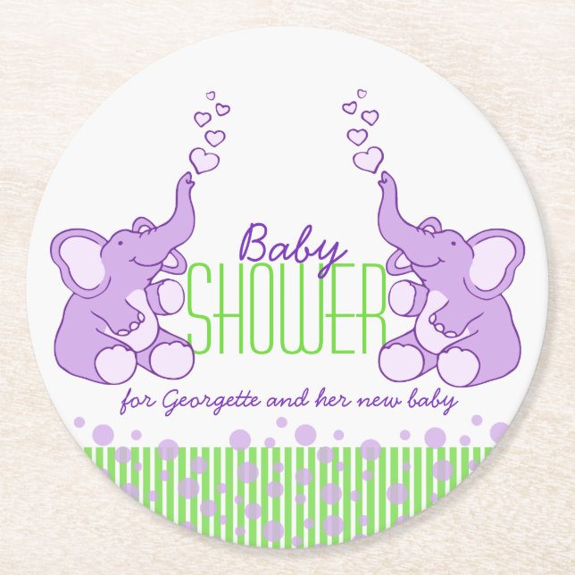 Baby shower two elephants green purple round paper coaster (Front)