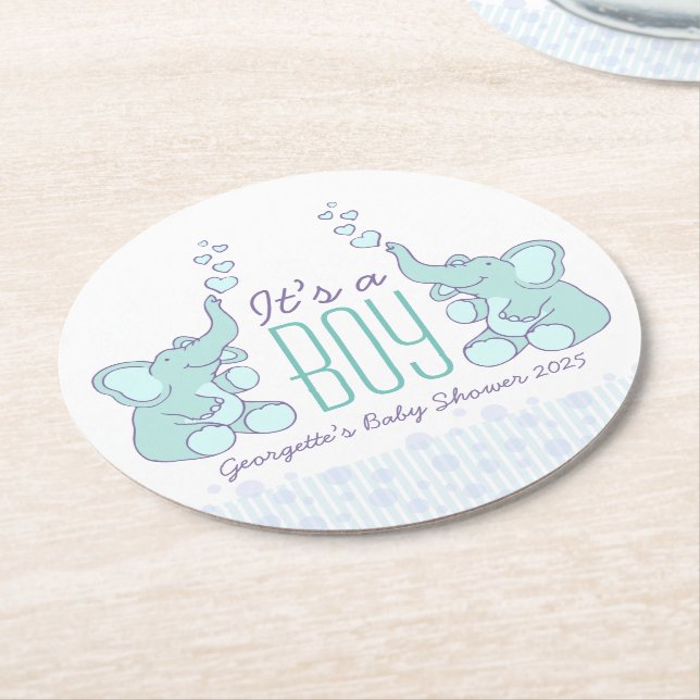 Baby shower two elephants it's a boy coasters (Angled)
