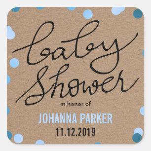 Baby Shower Typography Blue Confetti Kraft Paper Square Sticker