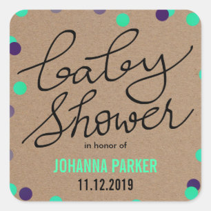 Baby Shower Typography Bright Confetti Kraft Paper Square Sticker