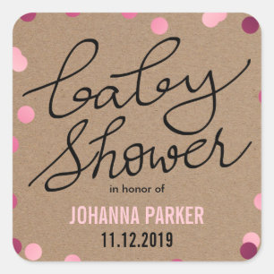 Baby Shower Typography Pink Confetti Kraft Paper Square Sticker