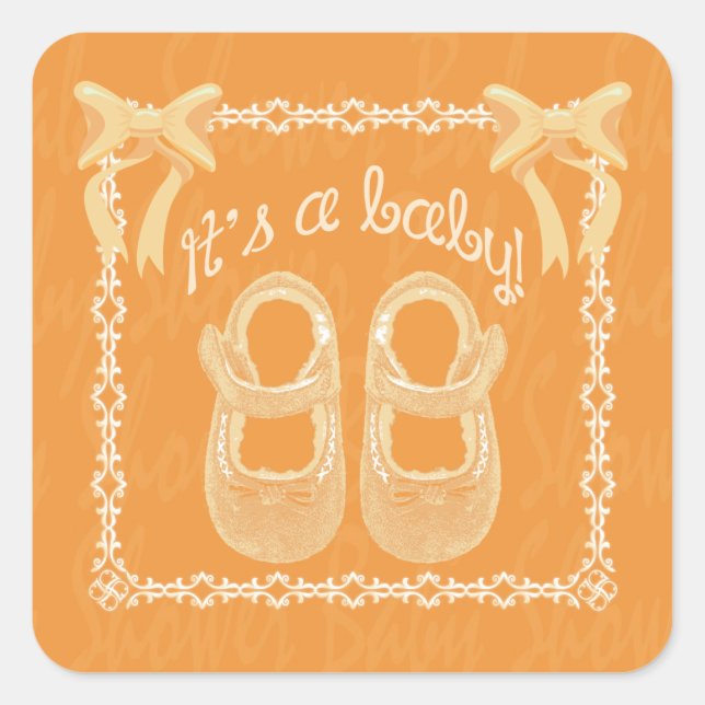 Baby shower unisex orange square sticker (Front)