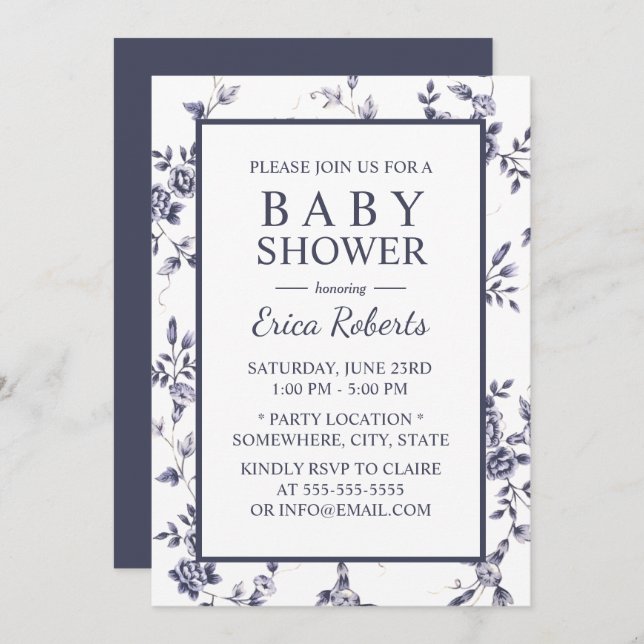 Baby Shower Vintage Blue & White Floral Invitation (Front/Back)