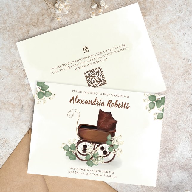 Baby Shower Vintage Carriage Greenery Invitation (Baby shower vintage baby carriage invitations. )