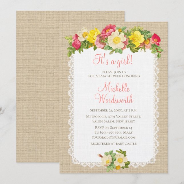 Baby Shower Vintage Floral Linen Rustic Invitation (Front/Back)