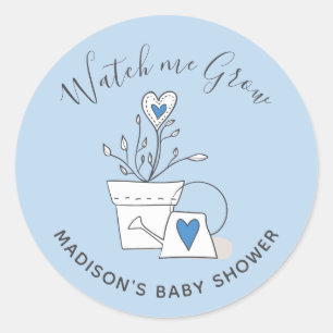 Baby Shower Watch me Grow Blue Heart Plant Classic Round Sticker
