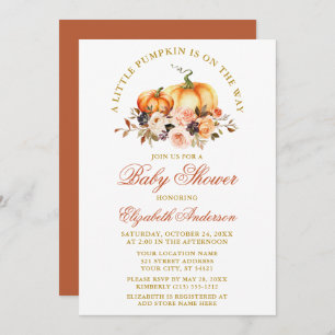 Baby Shower Watercolor Autumn Floral Pumpkins Gold Invitation