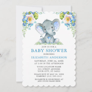 Baby Shower Watercolor Blue Floral Elephant Invitation