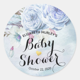 Baby Shower Watercolor Bohemian Flowers & Feathers Classic Round Sticker
