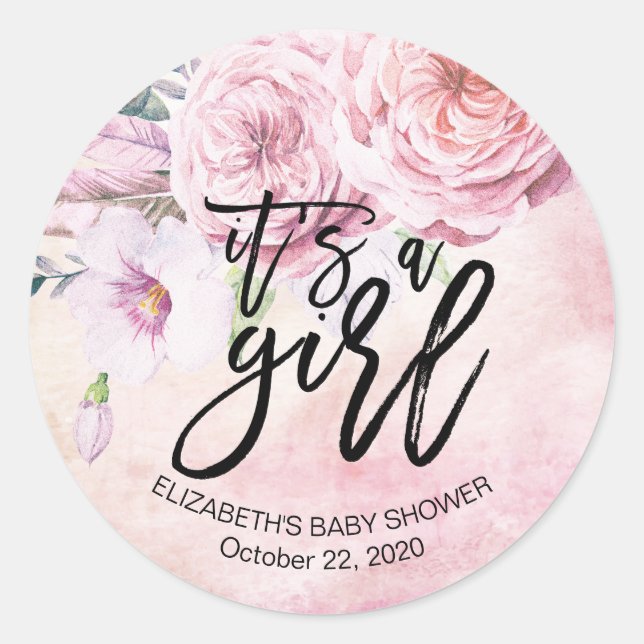 Baby Shower Watercolor Bohemian Flowers & Feathers Classic Round Sticker (Front)