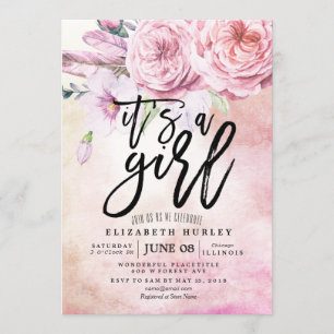 Baby Shower Watercolor Bohemian Flowers & Feathers Invitation