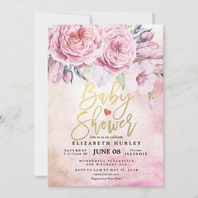 Baby Shower Watercolor Bohemian Flowers & Feathers Invitation (Front)