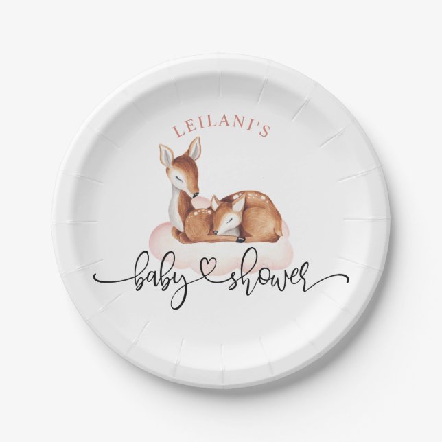 Baby Shower Watercolor Deer Pink Cloud Paper Plate (Front)