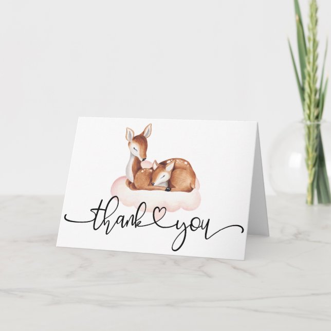 Baby Shower Watercolor Deer Pink Cloud Thank You Card (Front)