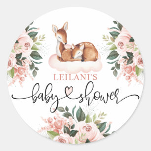Baby Shower Watercolor Deer Pink Floral Classic Round Sticker