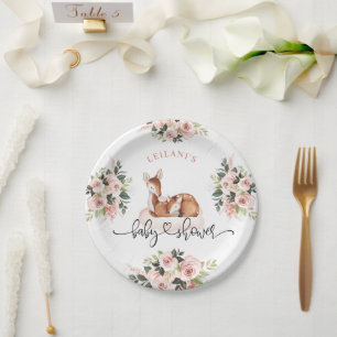 Baby Shower Watercolor Deer Pink Floral Paper Plate