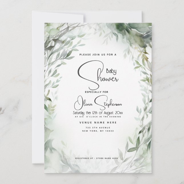 Baby Shower- Watercolor Foliage Invitation (Front)