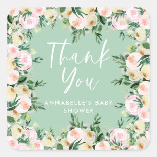 Baby shower watercolor girly floral thank you square sticker