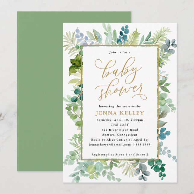 Baby Shower, Watercolor Green and Gold Foliage Invitation (Front/Back)