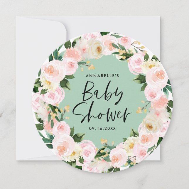Baby shower watercolor green girly floral script (Front)