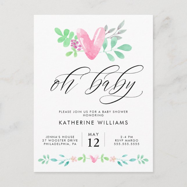 BABY SHOWER | Watercolor Heart Floral Postcard (Front)