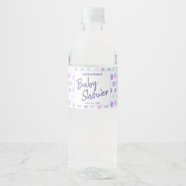Baby Shower Watercolor Pattern Purple Script Water Bottle Label (Front)