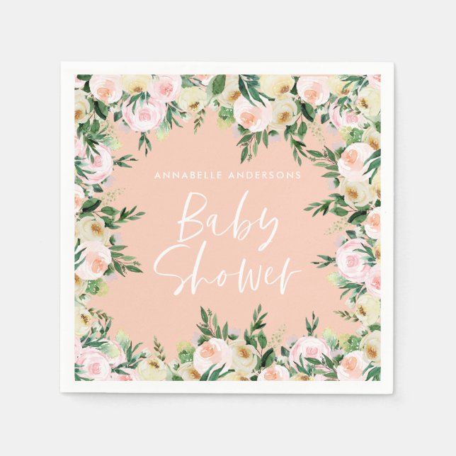 Baby shower watercolor peach floral green girly napkin (Front)