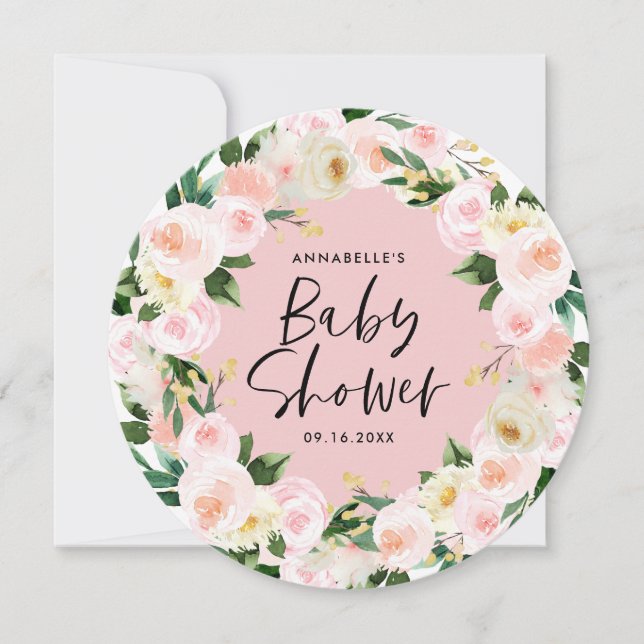 Baby shower watercolor pink girly floral script (Front)