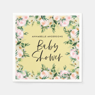 Baby shower watercolor pink girly floral script napkin