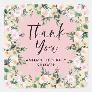 Baby shower watercolor pink girly floral thank you square sticker