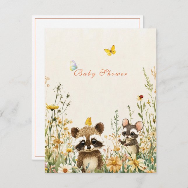 Baby Shower Watercolor Racoon Mouse Butterflies Invitation (Front/Back)