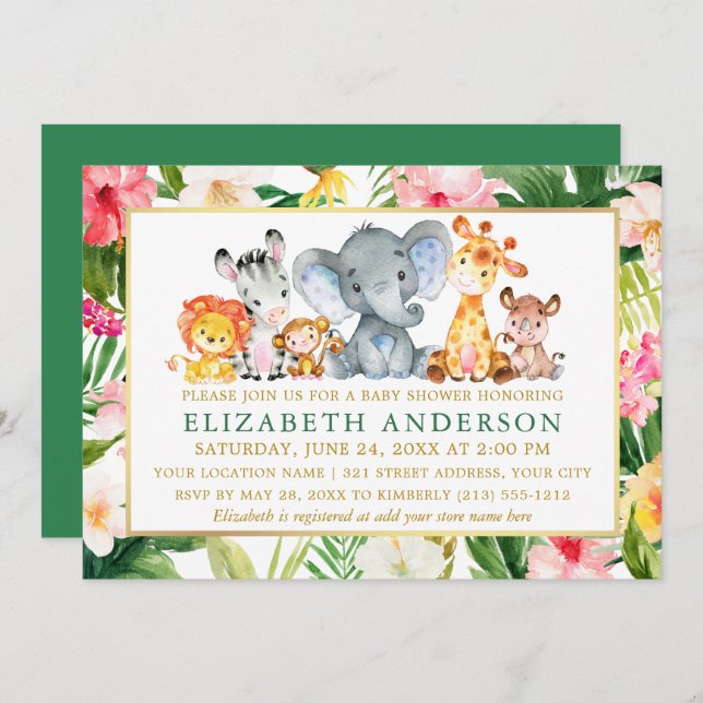 Baby Shower Watercolor Safari Animals Tropical Invitation (Front/Back)