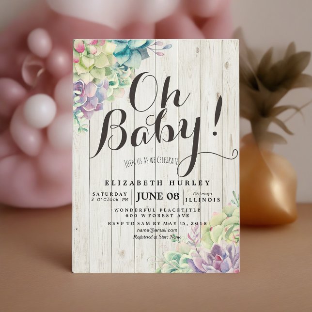 Baby Shower Watercolor Succulent Plants White Wood Invitation (Creator Uploaded)