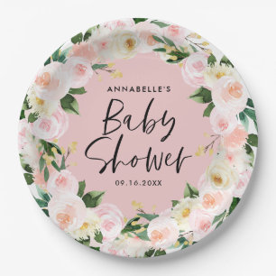 Baby shower watercolor yellow girly floral script paper plate